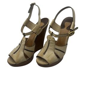 Chloe Tan Wedge Sandals with Cage Straps